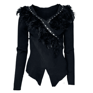 Tetrice long sleeve wrap top with feather trim - black