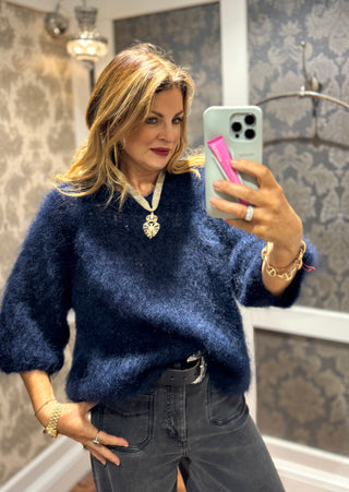 Luna Mohair Round Neck Knit - Navy