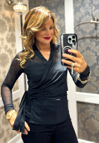 Agna Wrap Mesh Blouse - Black
