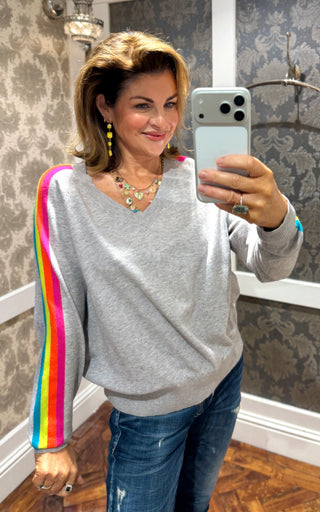Poppy Grey V-Neck Knit Jumper with Rainbow Stripe Sleeves