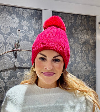 Cable Velvet Lined Hat  - Red