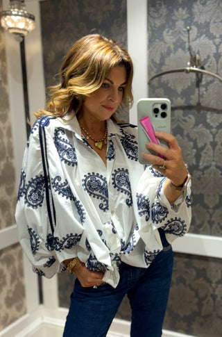 Freda Embroidery Blouse - White/Navy