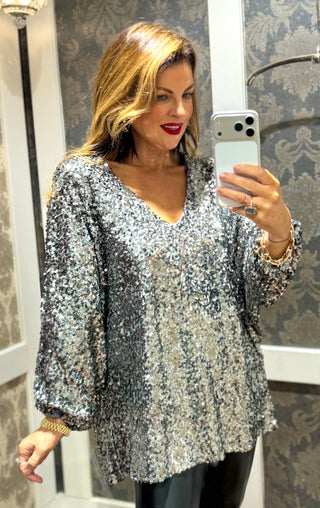 Tiffany- Metallic Grey Sequin- Top