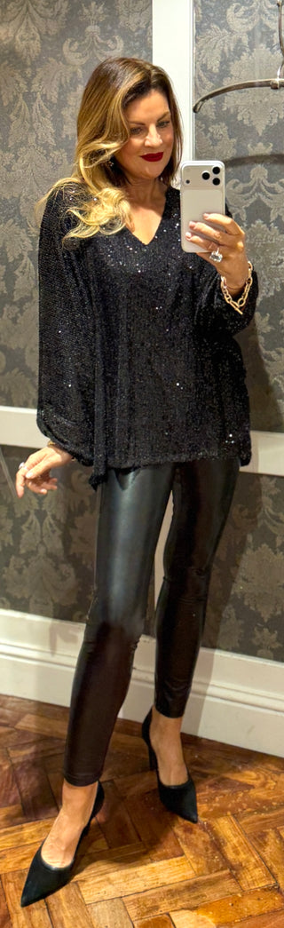 Elsa - V Neck Sequin Top Black