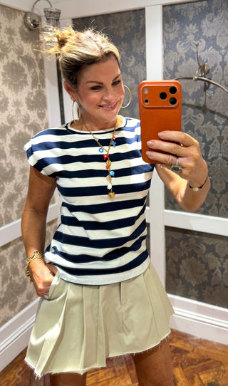 Naomi Stripe Shoulder Pads Cotton T-Shirt - Navy/White