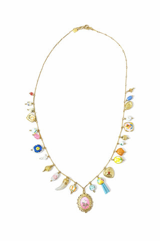 Charm Necklace Long (Pink Floral Centre) - Multi