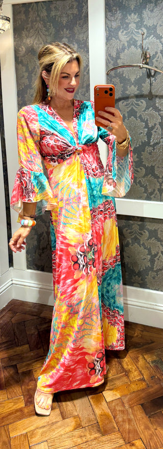 Golden Hour Maxi Dress Bell Sleeves Abstract Tropical Print