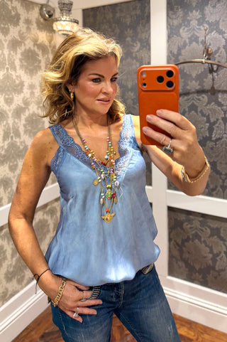 Satin Cami with lace neckline - Denim Blue