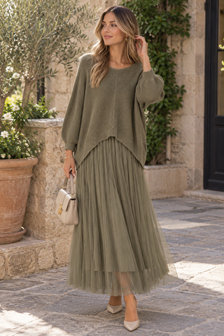 Elaria Layered Knit Maxi Dress - Khaki