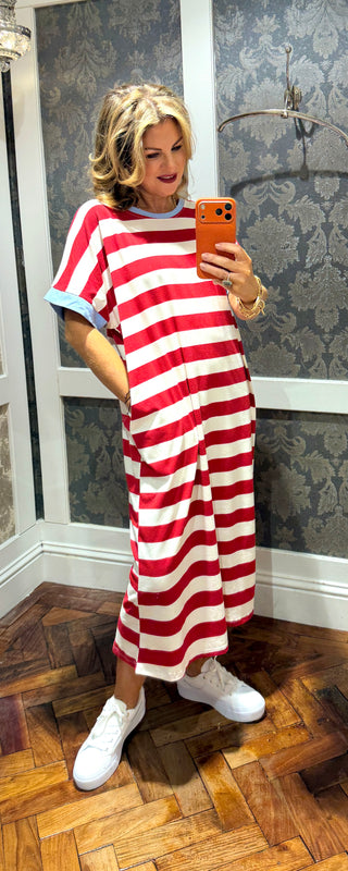 Emily Stripe T shirt Dress - Red/White with Blue Trim