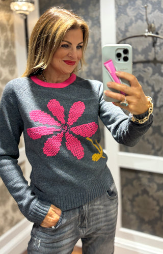 Elevate your wardrobe with the Adelita Grey Knit Sweater, featuring a charming pink collar that adds a fresh pop of color. Its delicate knitted floral design creates a unique, feminine touch, perfect for standing out with subtle elegance. Cozy and stylish, this sweater is ideal for layering and brings a sophisticated flair to any outfit.
