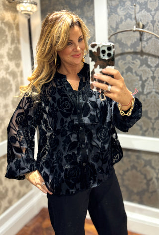 Ingrid Velvet Floral Blouse - Black