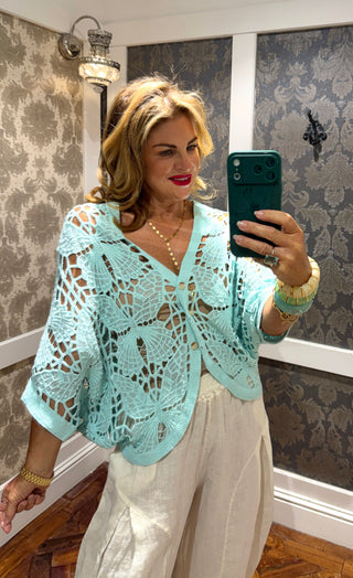 Meadow Crochet Cotton Cardigan - Mint Green