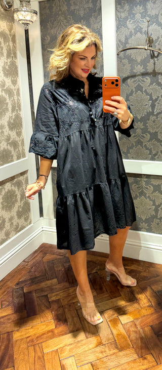 Nina Black Cotton Sequin Detailed Dress