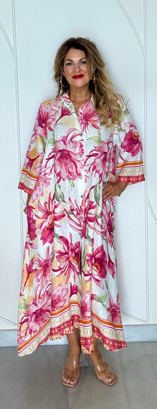 Fleur Floral Print Linen Dress - Pink Multi