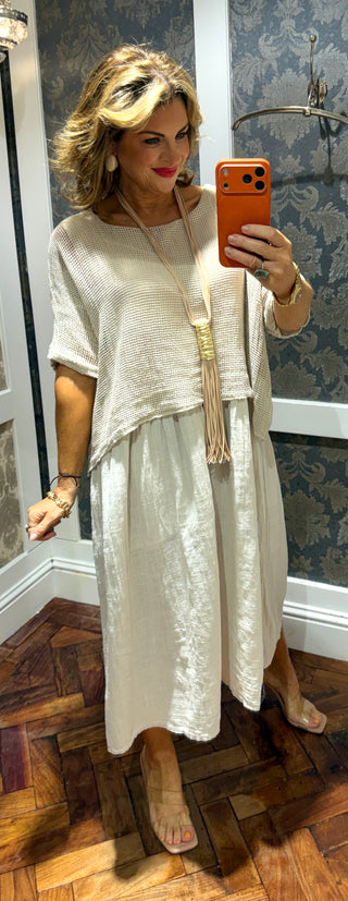 Zena Beige Cotton Crotchet Double Layer Dress