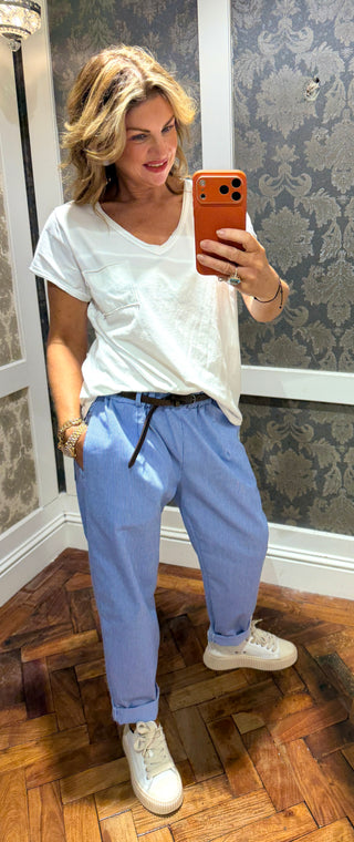 Mina Cotton Blend Pinstripe Trousers -Blue