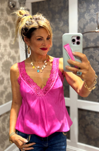 Satin Cami with lace neckline - Fuschia Pink