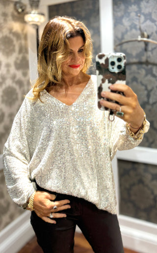 Elsa - Champagne V Neck Sequin Top