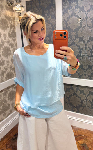 Ryder Sequin Silk Top- Baby Blue