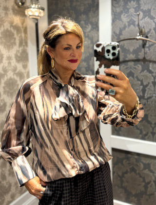 Cadiz Pussy Bow Blouse - Tan Multi