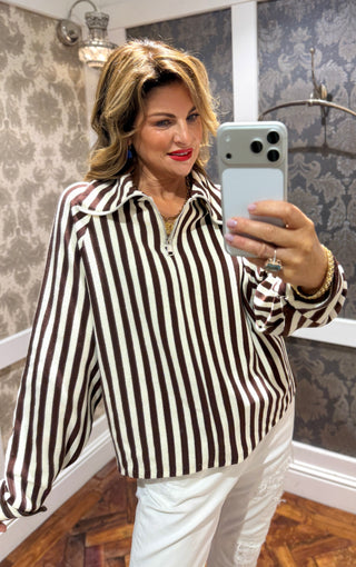 The Portobello Stripe Top Brown White Half zip