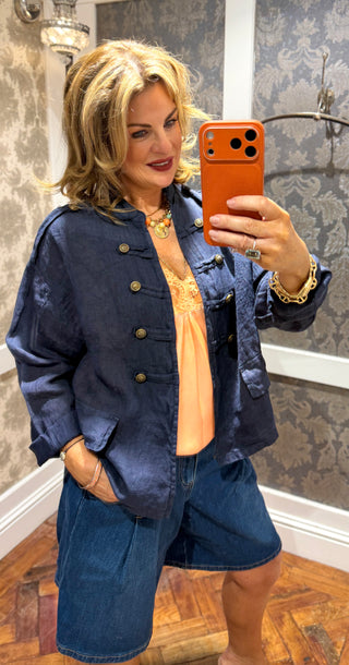 Ash  Linen Military Jacket - Navy