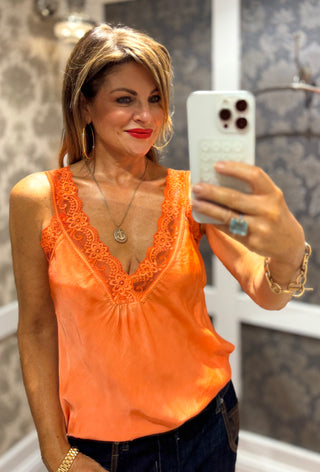 Classic, elegant satin cami that is stunning on its own or layered with lovely lace texture. 