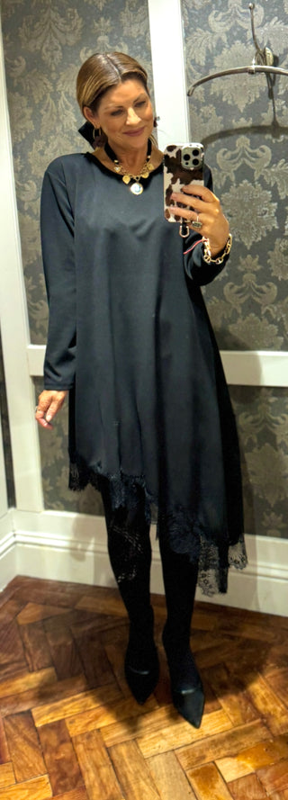 Quinnie - Asymmetrical Dress with Lace Black