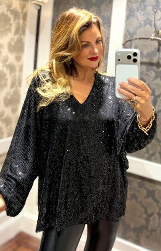 Elsa - V Neck Sequin Top Black