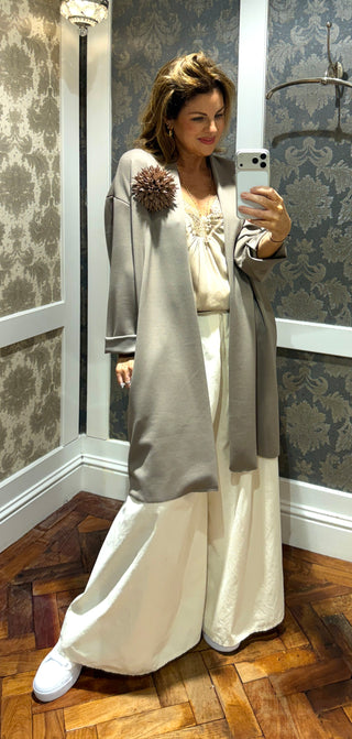 The Eddie- Taupe Cardigan- Detachable Flower