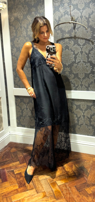 Ivy Satin & Lace Dress - Black