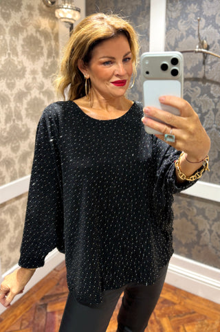 Cece Diamanté Bat Sleeve Top - Black