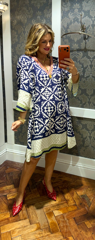 Valencia Print Dress - Navy