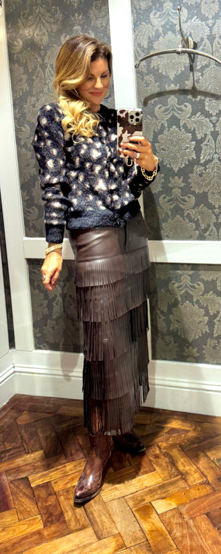 Frida Fringe Leather Skirt - Choco