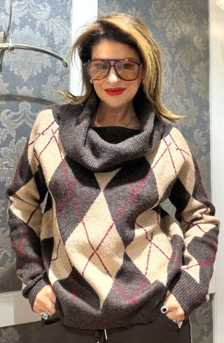 Rosie-Cowl Neck Off Shoulder Knit Brown