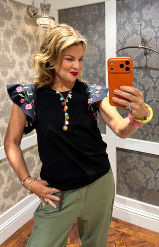 Caroline  Flower Hem Tee - Black