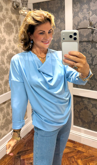 Grace Ruched Cowl Long Sleeve Top - Blue