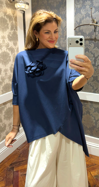 Sienna- Asymmetrical Top-Navy- Detachable flower