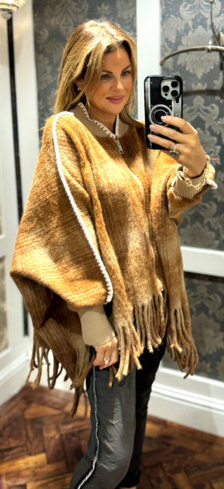 Tanya Tassle Poncho Zip Check - Brown