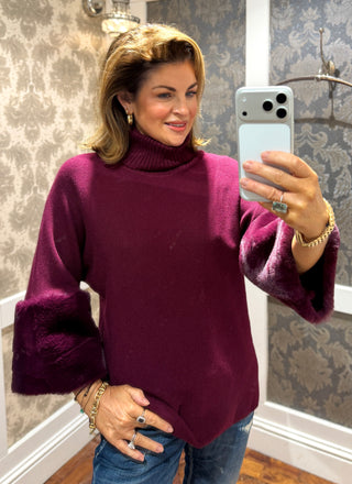 Tina Roll Neck Burgundy Fur Trim Sleeves