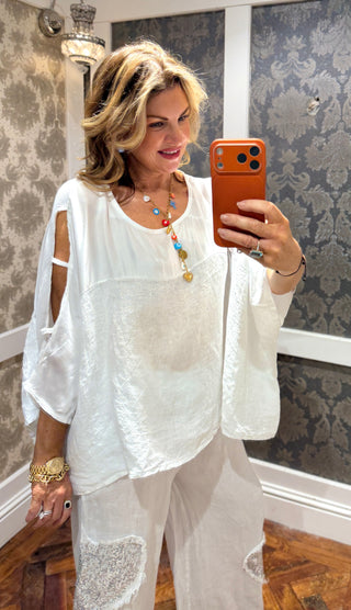 Sophia White Linen Bat Sleeve Top