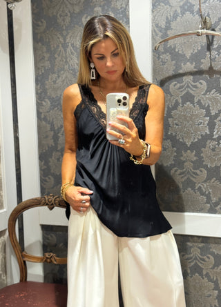 Satin Cami with lace neckline - black