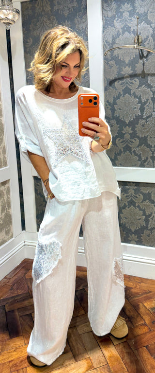 Mimi White Linen Trouser Sequin Patch