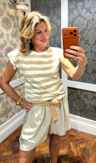 Naomi Stripe Cotton T-Shirt - Beige/White