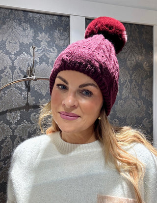 Cable Velvet Lined Hat  - Burgundy