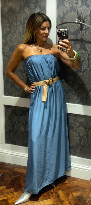 Constance Bandeau Dress with Belt - Blue