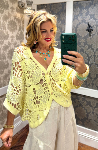 Meadow Crochet Yellow Cotton Cardigan