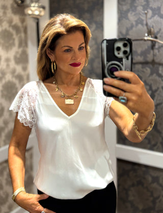 Mistress Satin Lace Sleeve Top - White