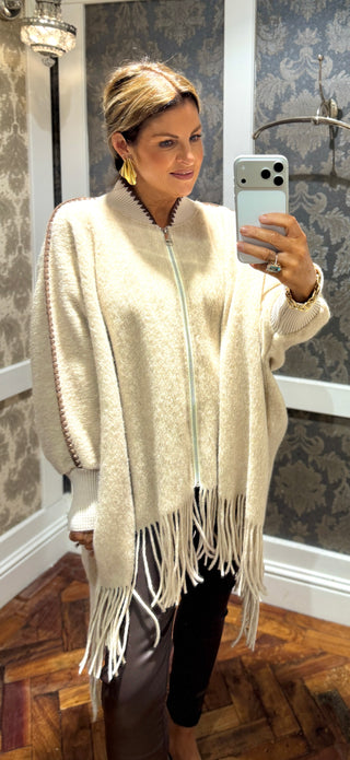 Tanya Tassle Poncho Zip - Cream